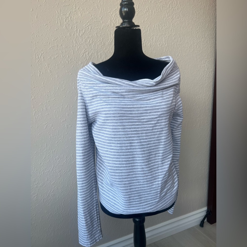 James Perse off the shoulder grey and white striped long sleeve
